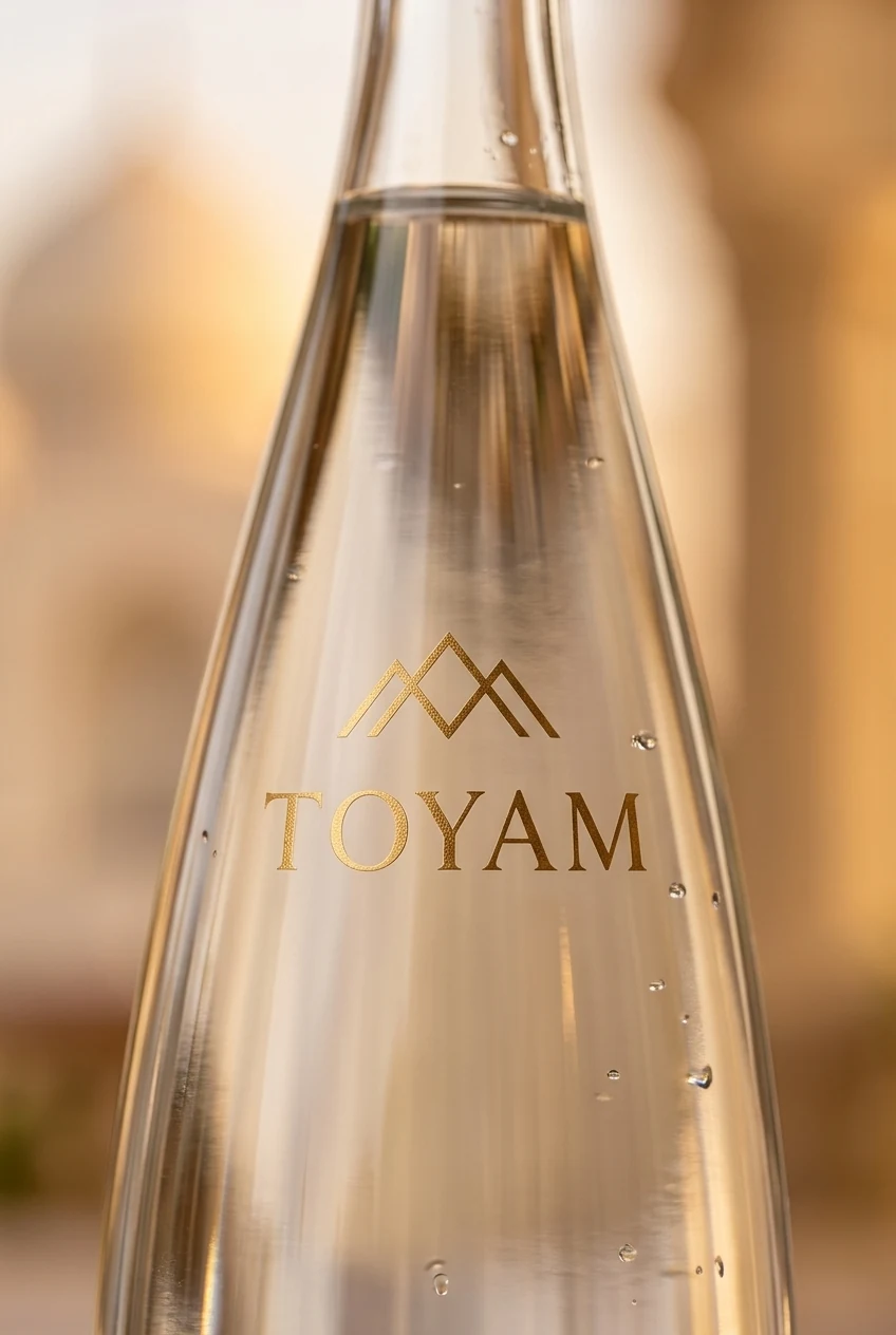 Close detail of the TOYAM bottle's tapered glass shoulder and gold mountain emblem
