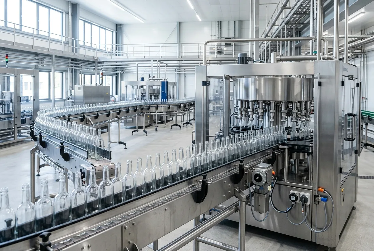 Clear glass bottles on a hygienic filling line