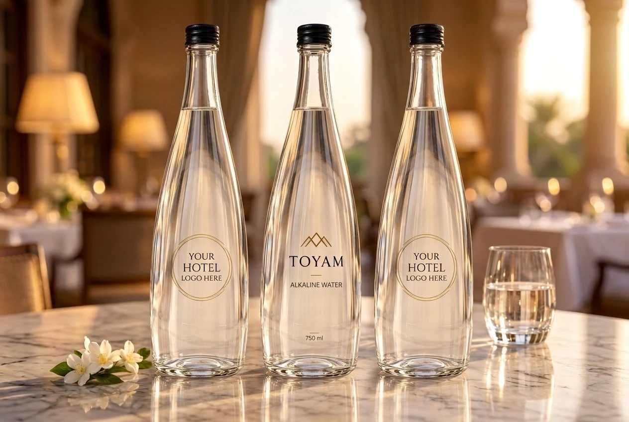 Three identical TOYAM glass bottles on a marble hotel table: centre bottle labelled TOYAM Alkaline Water, two with sample 'Your hotel logo here' labels