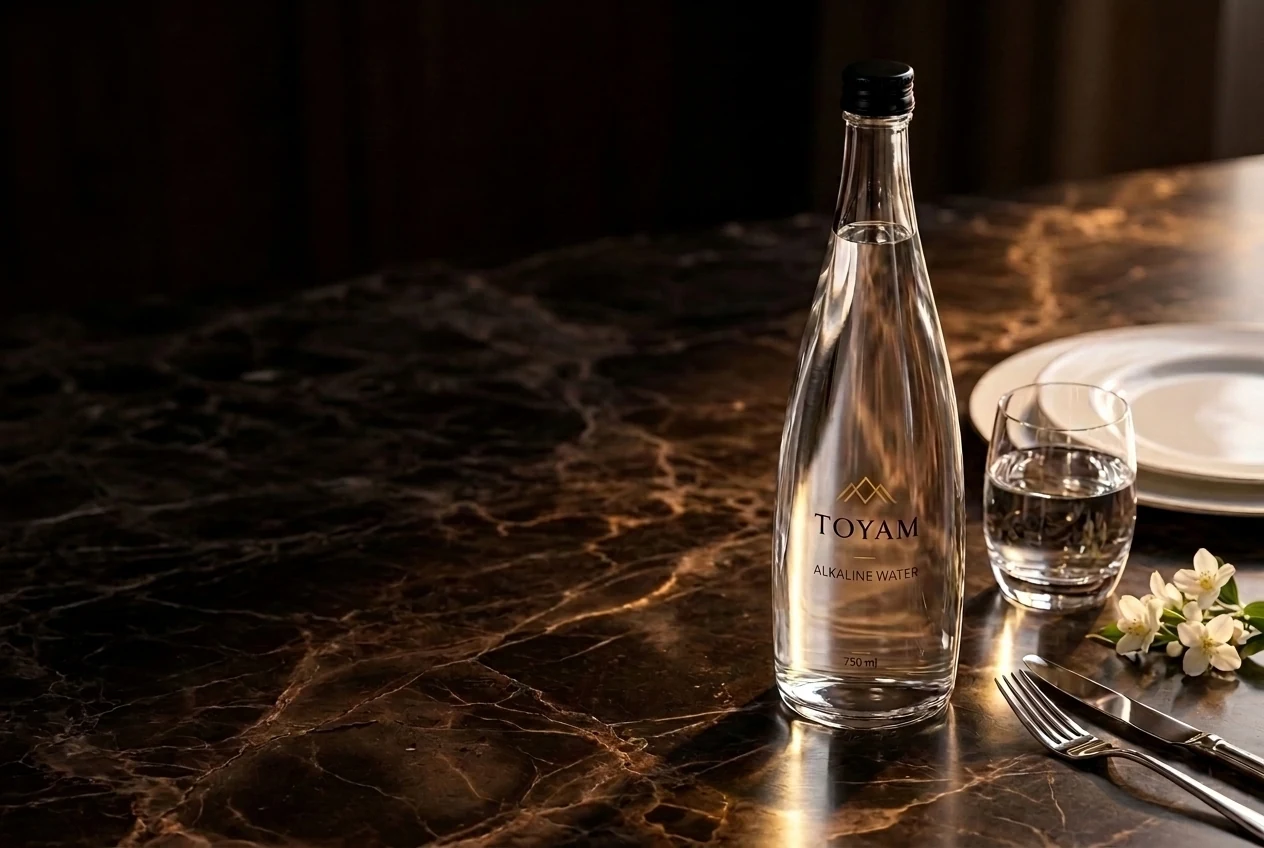 A TOYAM Alkaline Water bottle with a glass of clear water and fine tableware on dark espresso marble