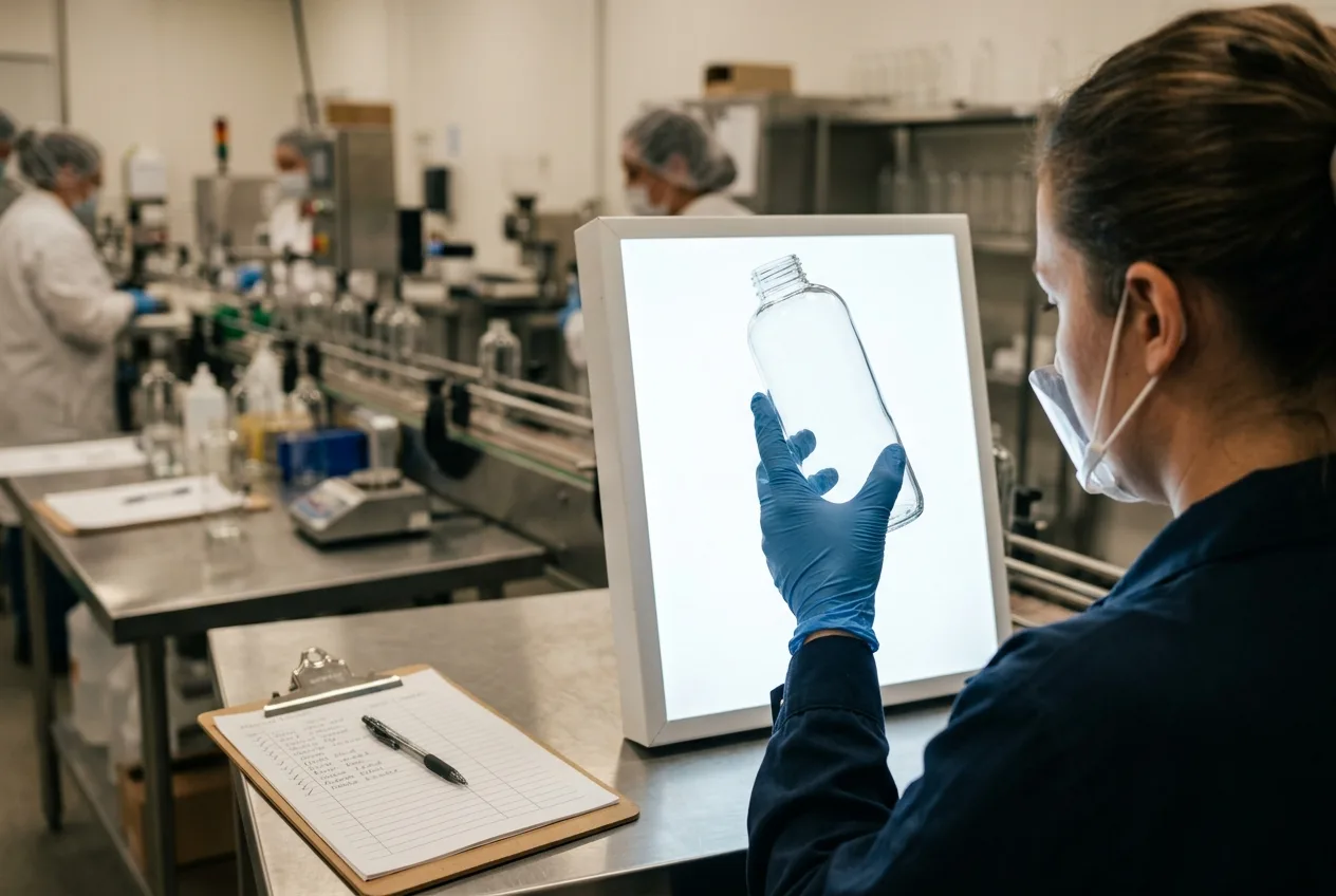 A technician inspecting a glass bottle against a light panel