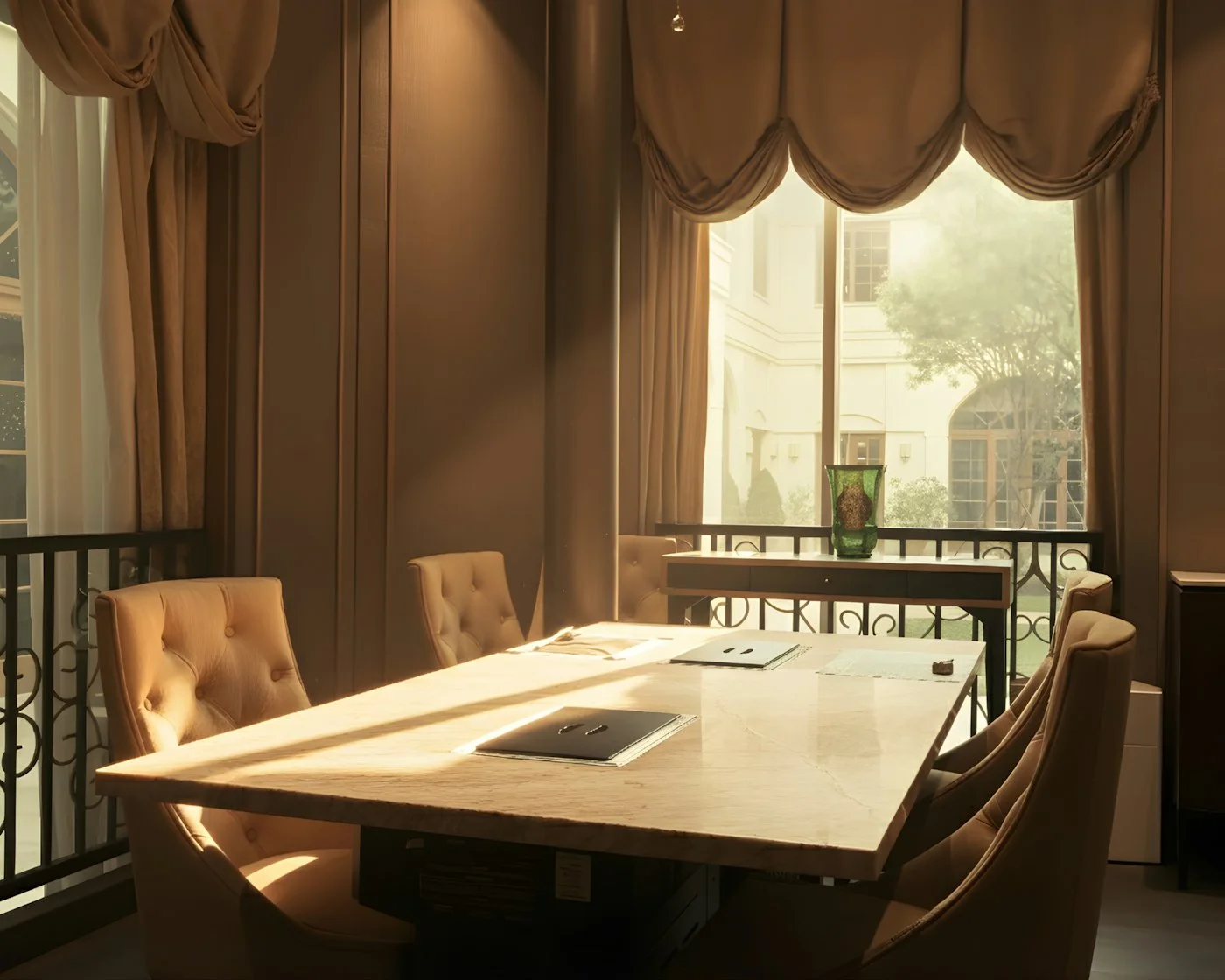 An elegant boardroom table set for a meeting