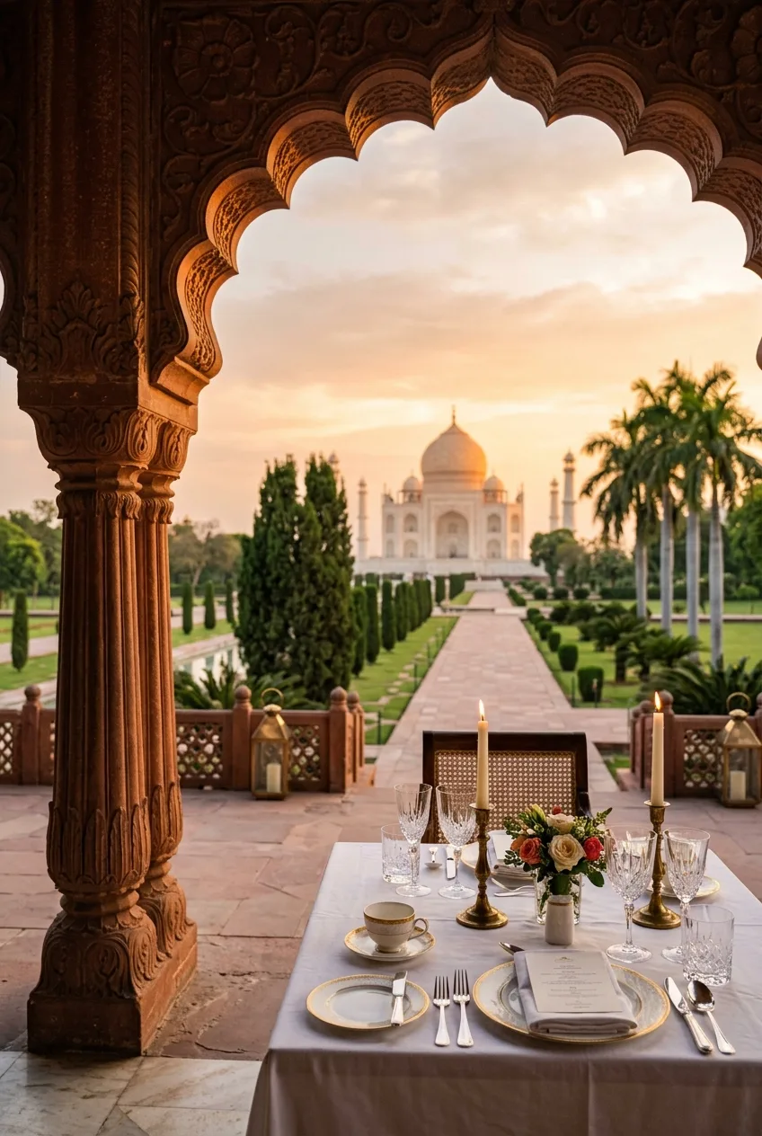 An elegant terrace dinner table framed by a carved Mughal sandstone arch, the Taj Mahal glowing at sunset beyond